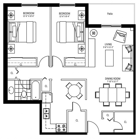 Floor plan for 2 beds, 1 bath, 895 sqft